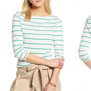 Green & pink striped boatneck tee, size small